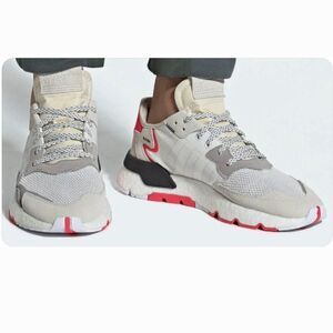 Adidas Nite Jogger In White and Gray Sneakers with Shock Red Highlights